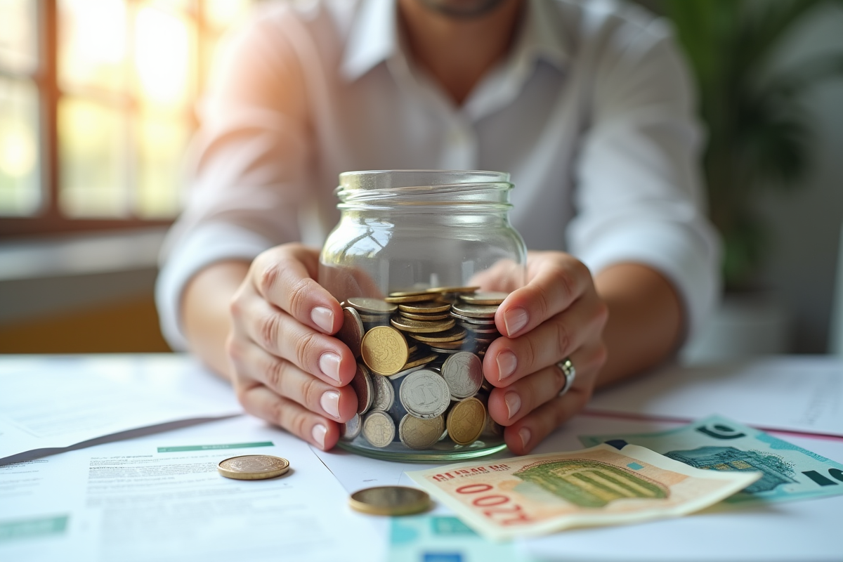 Mains protégeant un bocal rempli d'euros sur une table ensoleillée