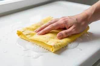 Main essuyant une surface en plastique avec une microfibre