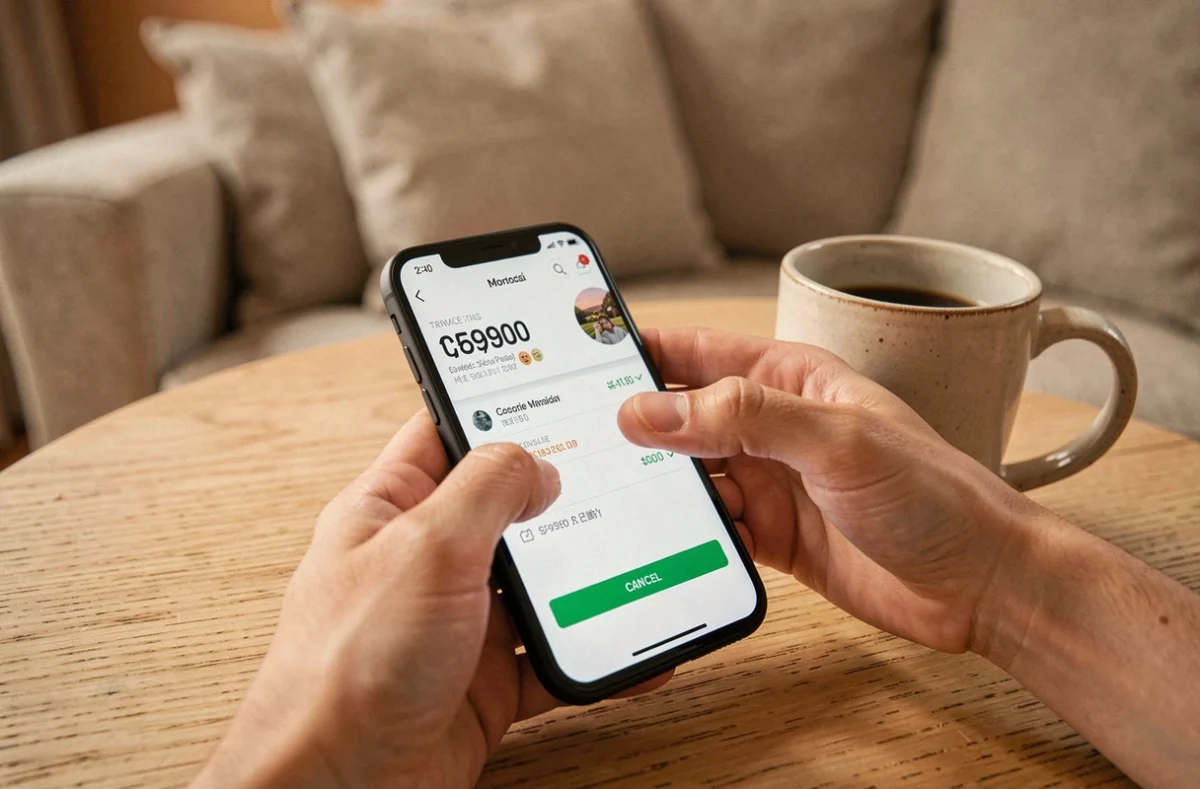 Mains tenant un smartphone avec une interface de transaction Le Bon Coin et option d'annulation visible