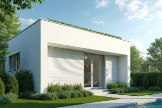 Maison moderne avec volets PVC ouverts sous un ciel bleu