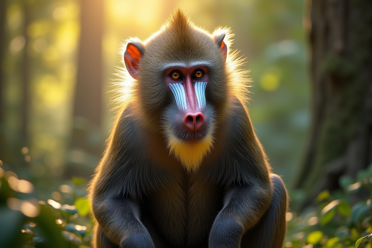 Mandrill dans la foret avec lumière tamisée