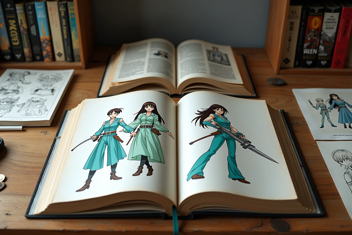 Collection de mangas et carnets de croquis ouverts sur des illustrations de personnages féminins de Bleach arc Hueco Mundo