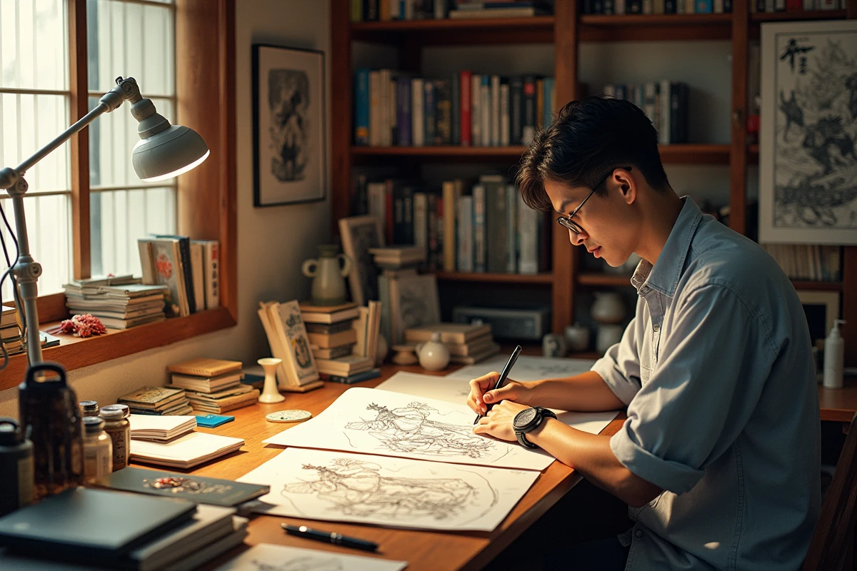 Mangaka concentré dessinant dans son studio japonais, évoquant la création de L'Attaque des Titans et la conclusion de l'histoire des Titans Primordiaux