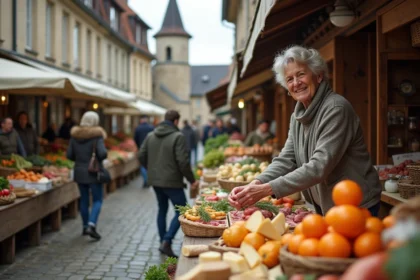 Marché traditionnel de Saralbe en Moselle avec étals de producteurs locaux et ambiance animée du matin