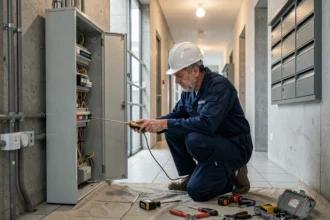 Électricien professionnel inspectant un tableau électrique dans un immeuble résidentiel de Seine-Saint-Denis