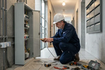 Électricien professionnel inspectant un tableau électrique dans un immeuble résidentiel de Seine-Saint-Denis
