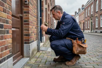 Serrurier professionnel intervenant sur une porte résidentielle dans une rue en briques typique de Lille, illustrant le top 10 des meilleurs serruriers d'urgence dans le Nord