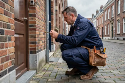 Serrurier professionnel intervenant sur une porte résidentielle dans une rue en briques typique de Lille, illustrant le top 10 des meilleurs serruriers d'urgence dans le Nord