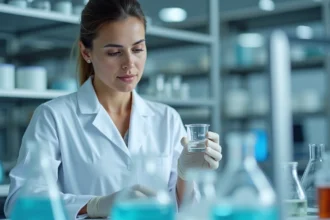 Femme en blouse blanche mesurant 50 ml de liquide dans un bécher en verre gradué dans un laboratoire moderne