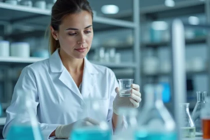 Femme en blouse blanche mesurant 50 ml de liquide dans un bécher en verre gradué dans un laboratoire moderne