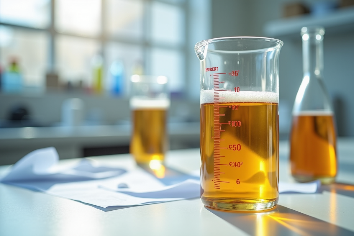 Cylindre de laboratoire avec bière ambrée et hydrometre