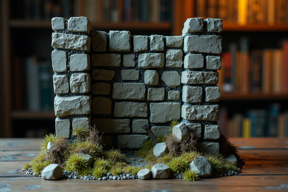 Diorama ultra-réaliste d'une muraille colossale en ruine évoquant les murs d'Éldia et l'attaque des Titans Primordiaux dans L'Attaque des Titans