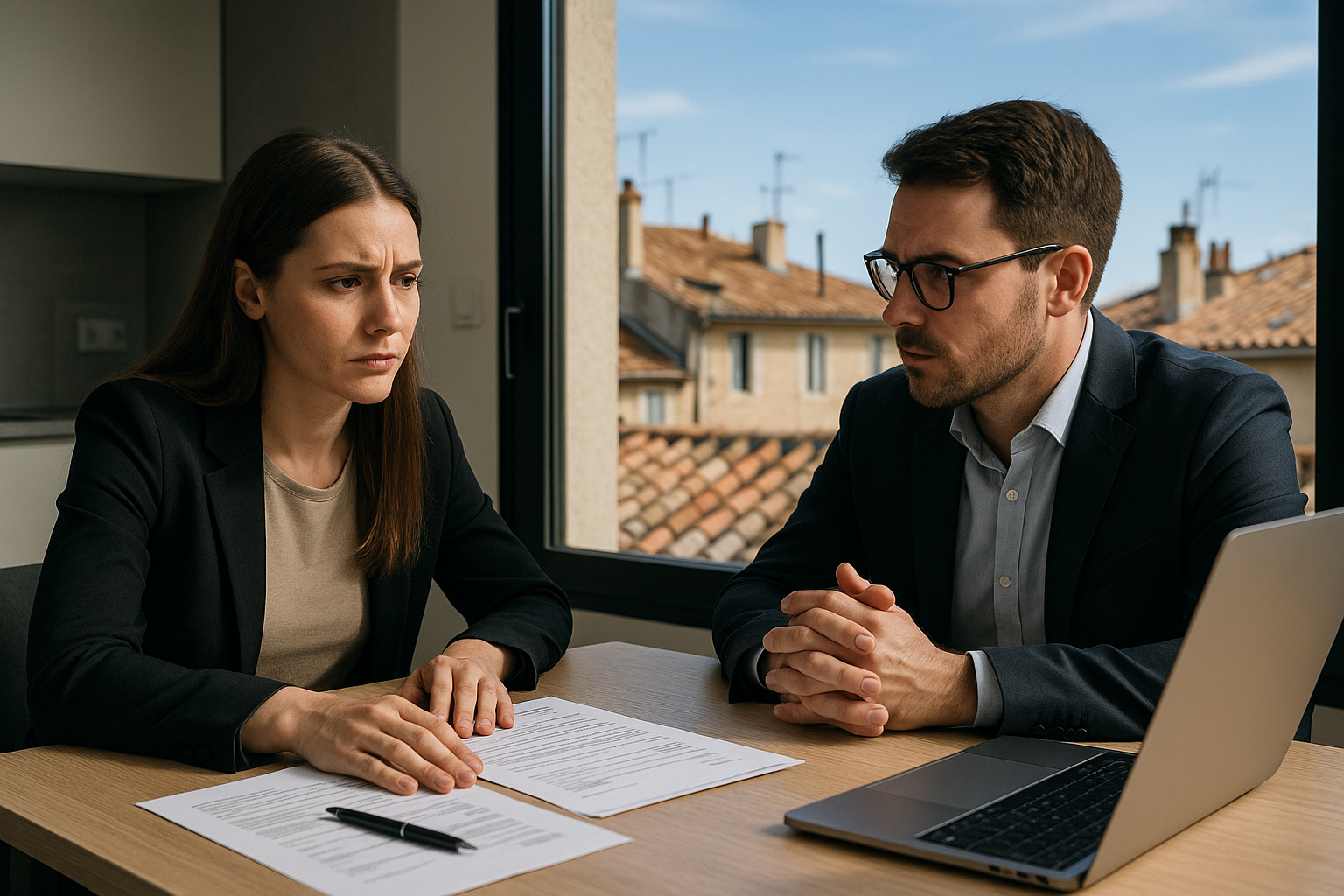 Conversation sérieuse entre acheteur et vendeur dans une cuisine moderne