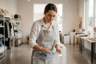 Employée de boutique nettoyant un présentoir en acrylique avec un chiffon microfibre dans un magasin moderne
