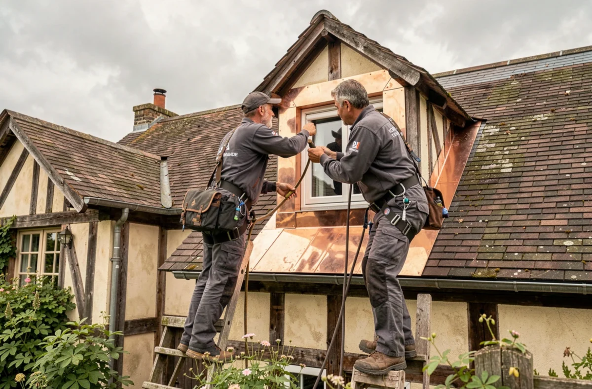 Équipe de Normandie Toiture installant des bavettes en cuivre autour d'une lucarne sur une maison à colombages normande