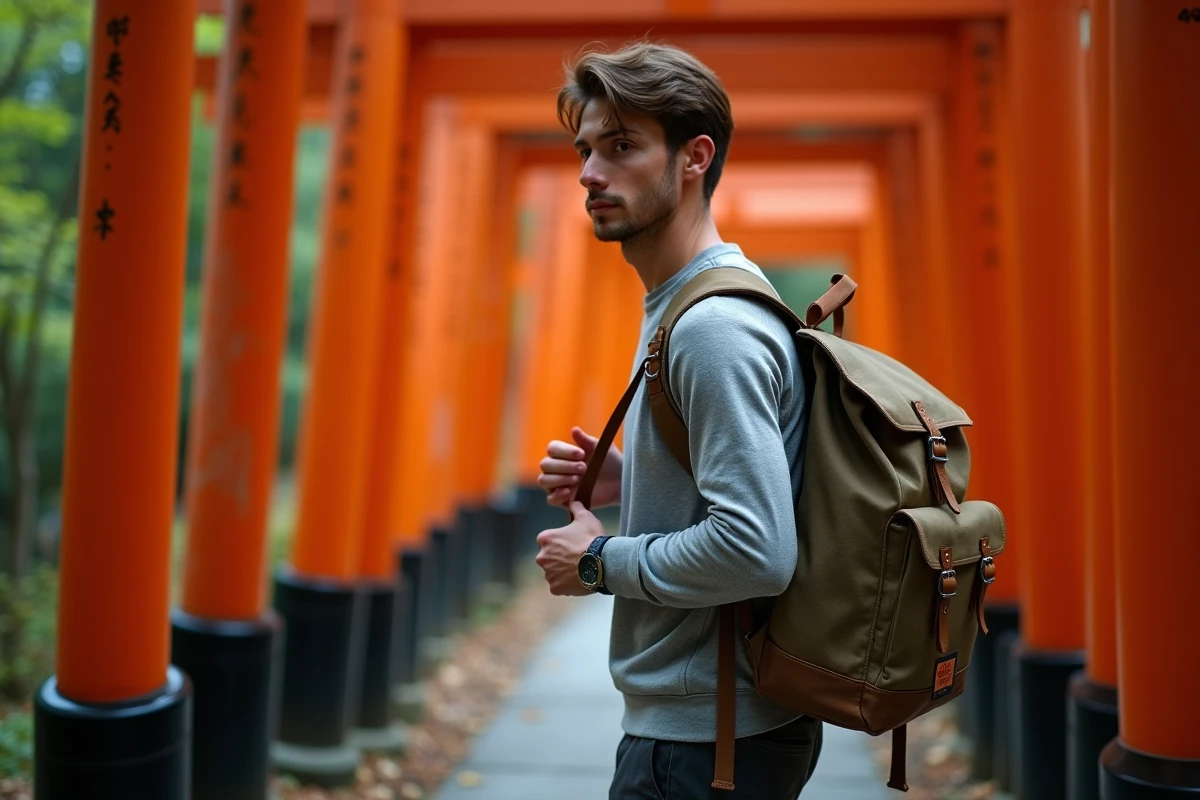 Jeune homme attachant un omamori de protection à son sac à dos devant une allée de torii dans une forêt de montagne japonaise en automne