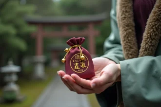 Femme tenant un omamori de protection voyage japonais en soie brodée devant un jardin de sanctuaire shinto