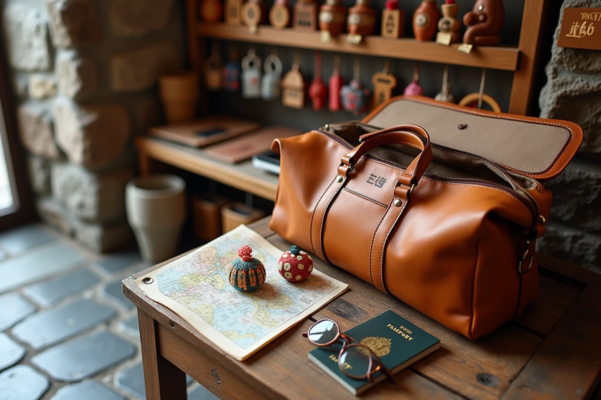 Sac de voyage en cuir ouvert avec des omamori japonais, un passeport et une carte sur une table en bois dans une boutique de souvenirs