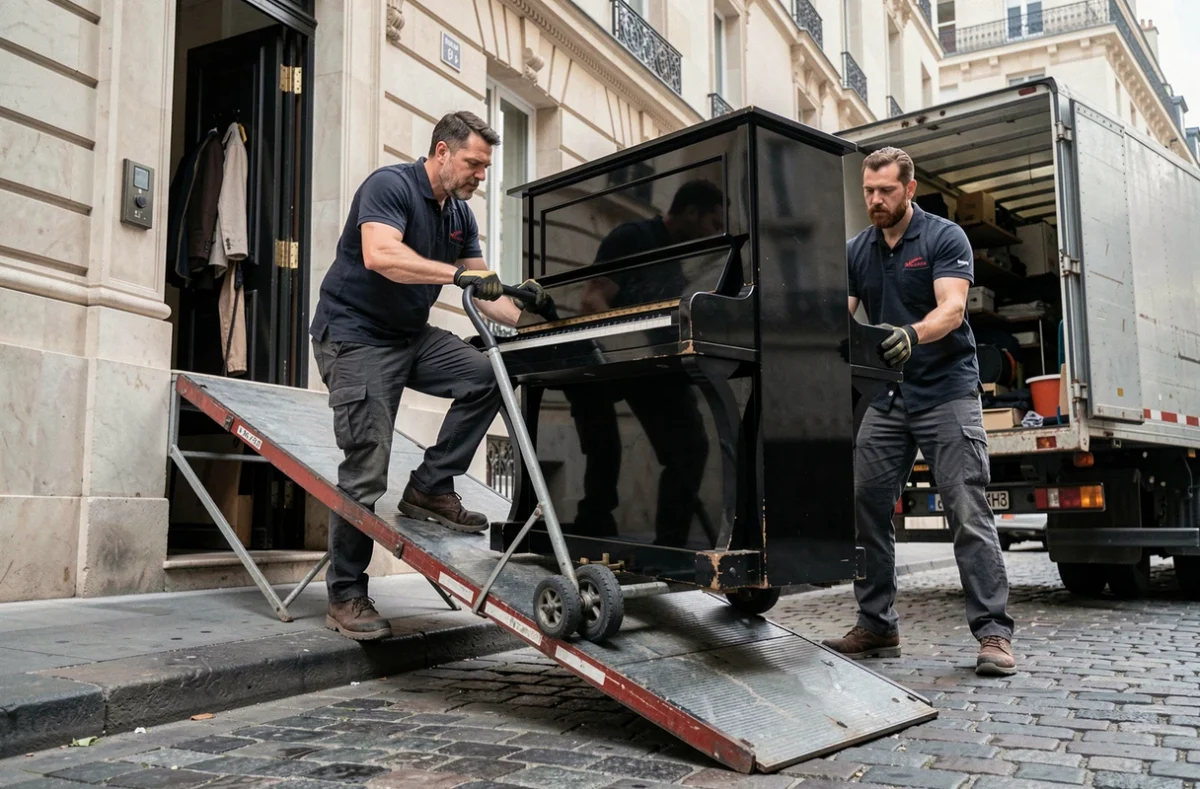 Agent On Lève Tout manœuvrant un piano droit sur une rampe devant un immeuble parisien avec l'aide d'un collègue
