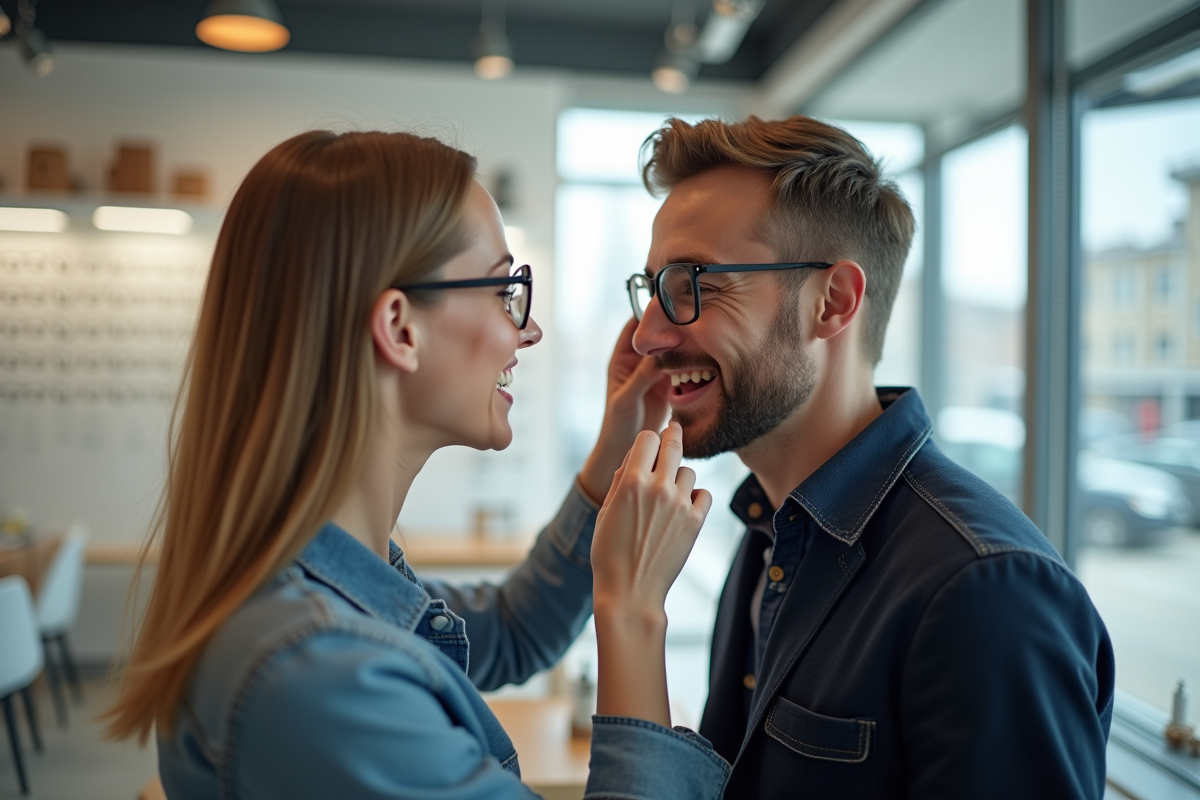Opticien ajustant des lunettes sur un client à Brest