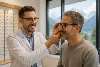 Opticien aidant un client à essayer des lunettes modernes avec vue sur Alpes