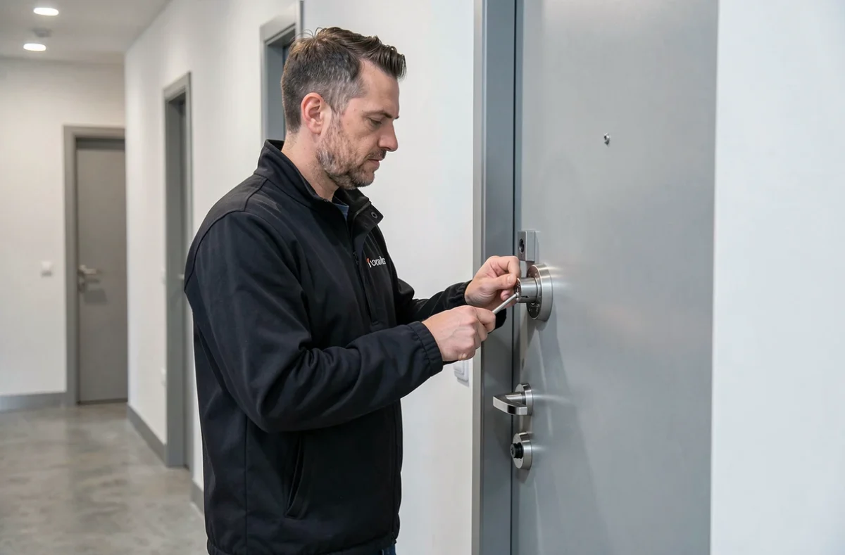 Serrurier Optimlock à Lille installant une serrure haute sécurité sur une porte d'appartement dans un immeuble contemporain