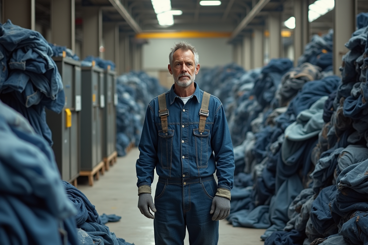 Ouvrier en denim devant un tas de vêtements usés