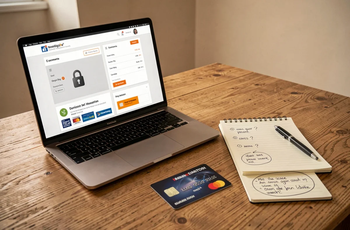 Vue à plat d'un ordinateur portable affichant une page de paiement sécurisé avec carte bancaire et notes manuscrites sur un bureau en bois
