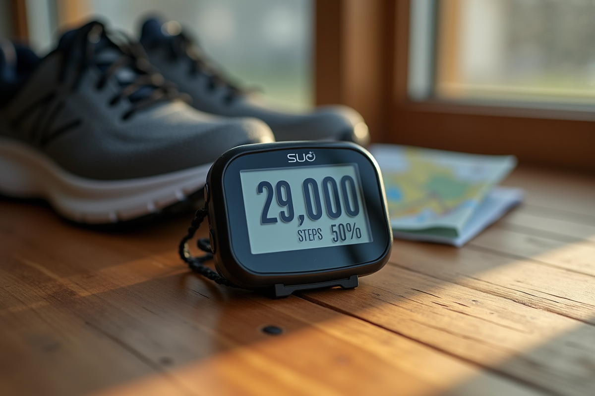 Pedomètre affichant 25000 pas avec carte et chaussures de course