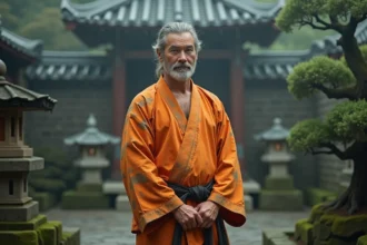 Cosplayer vieillissant en tenue de martial arts orange usée dans un jardin japonais ancestral, évoquant les personnages légendaires de Dragon Ball