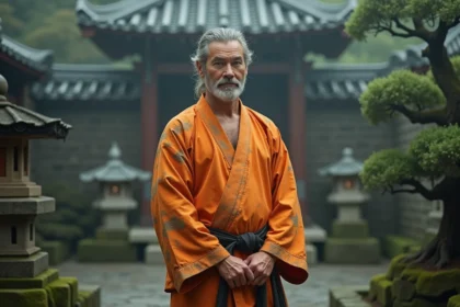 Cosplayer vieillissant en tenue de martial arts orange usée dans un jardin japonais ancestral, évoquant les personnages légendaires de Dragon Ball