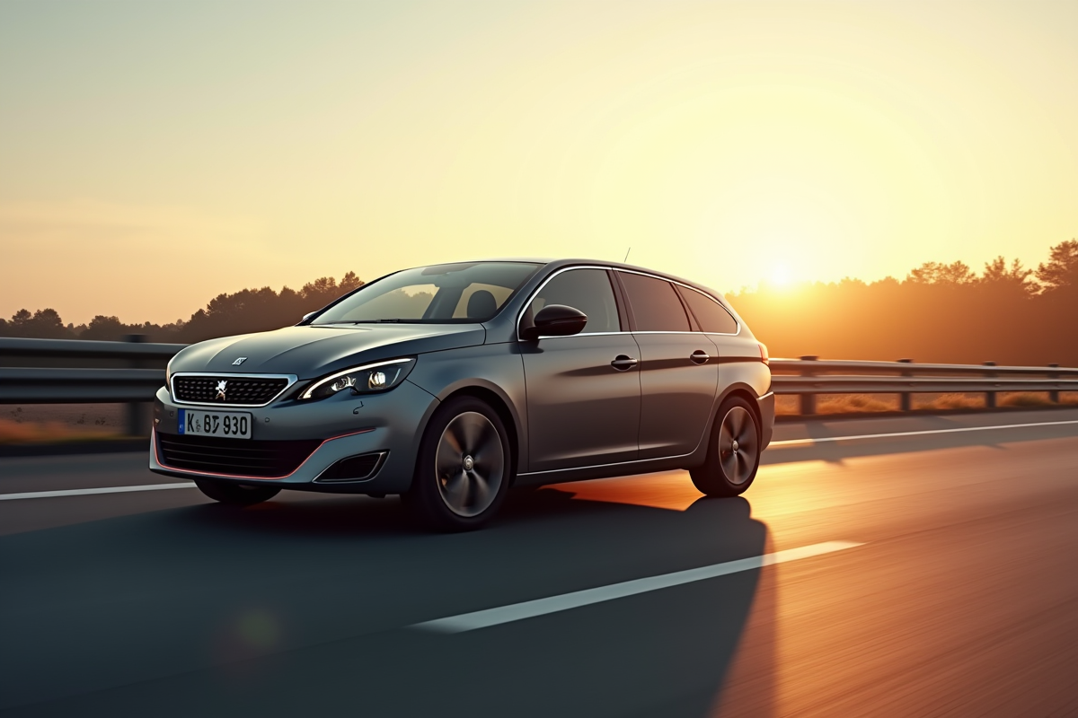 Peugeot 308 GT Line en conduite sur autoroute au coucher du soleil