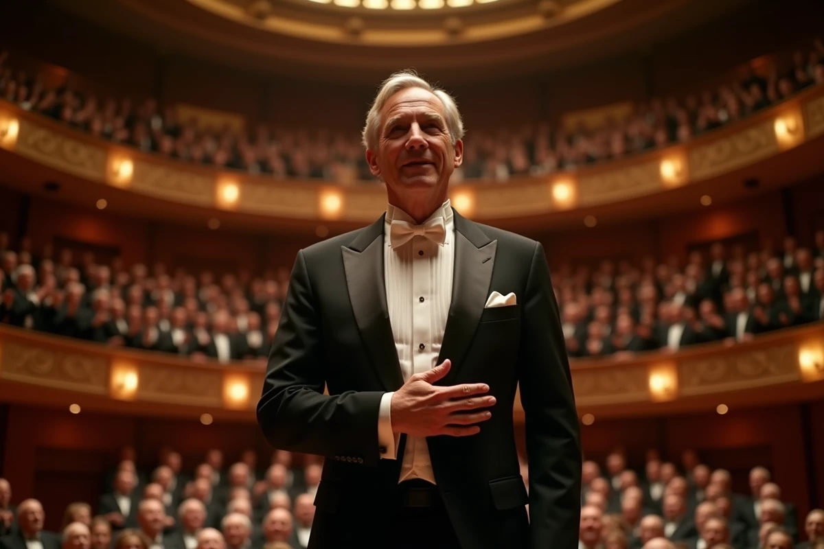 Pianiste français en tuxedo saluant le public lors d'un concert dans une grande salle internationale