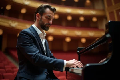 Pianiste français en costume marine concentré sur un Steinway à queue sur la scène d'une grande salle de concert européenne
