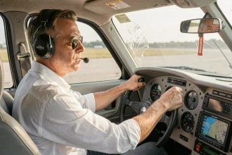 Pilote concentré aux commandes d'un Cessna 172 en correction de vent de travers sur courte piste