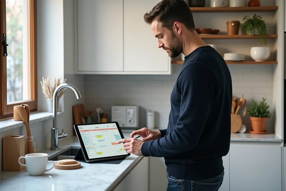 Homme utilisant une tablette dans une cuisine moderne pour planifier et organiser ses semaines paires sur un calendrier numérique