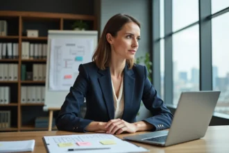 Planificatrice d'événements utilisant un calculateur de dates sur ordinateur portable dans un bureau professionnel