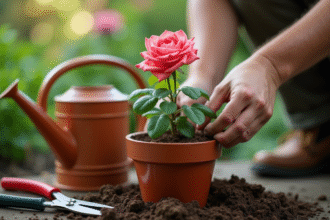 Jardinier plantant une rose dans un pot en terre cuite