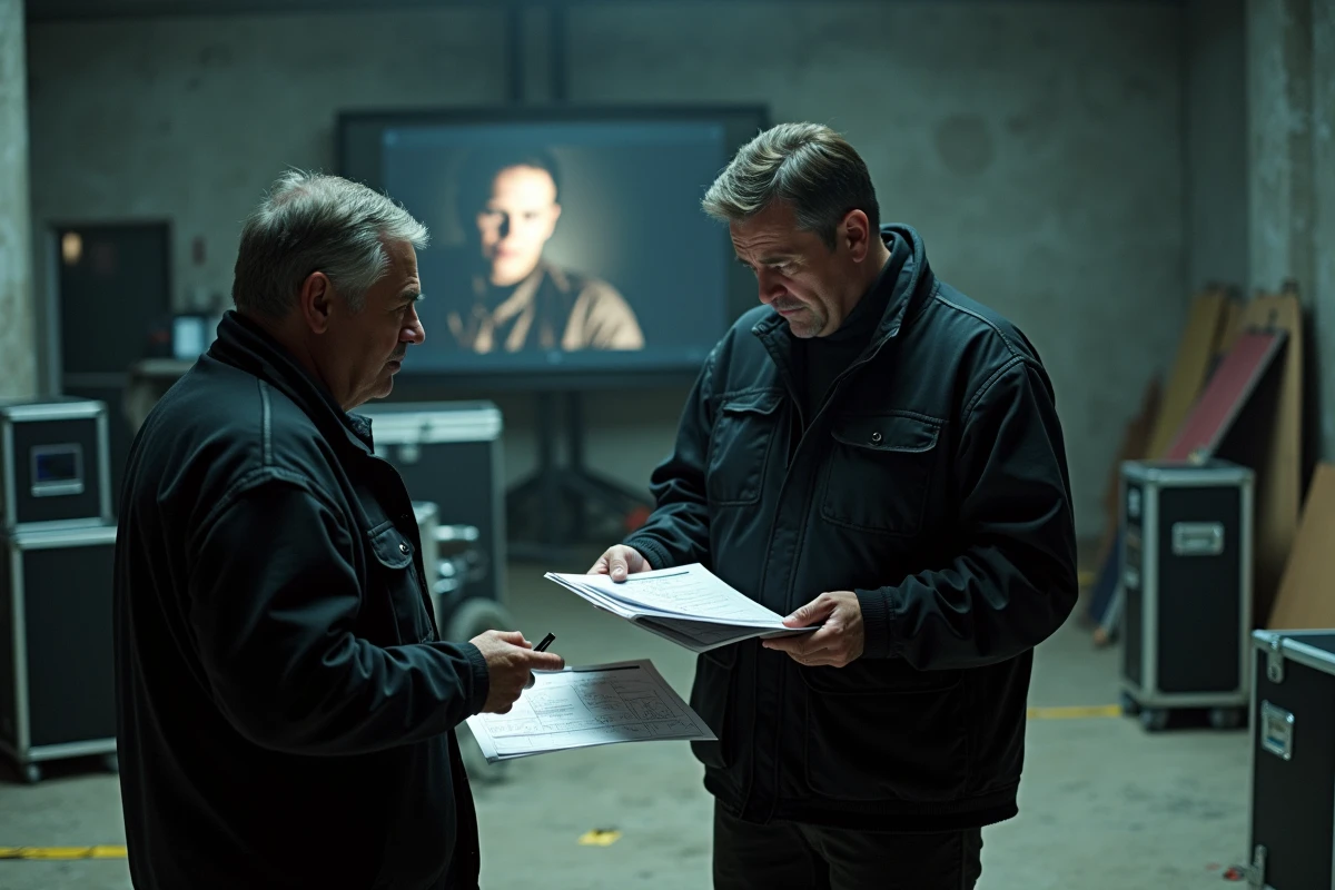 Des coordinateurs de cascades professionnels examinent des storyboards sur un plateau de tournage industriel pour une production de film d'horreur à grand budget