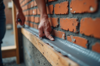 Gros plan sur des mains de maçon posant une bande d arase sur un mur en briques