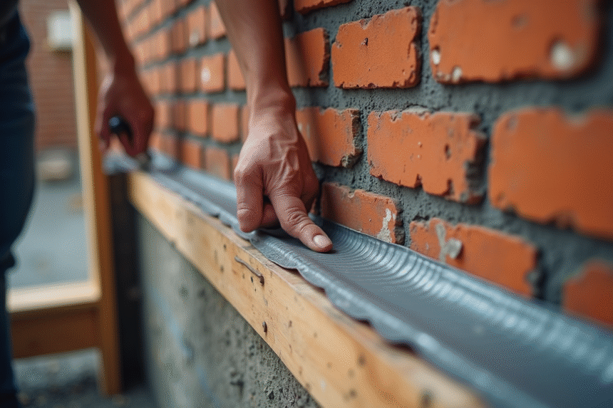 Gros plan sur des mains de maçon posant une bande d arase sur un mur en briques