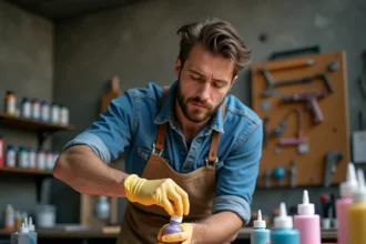 Artiste masculin préparant de la peinture aérographe à base d'eau dans un atelier de peinture bien équipé