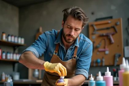 Artiste masculin préparant de la peinture aérographe à base d'eau dans un atelier de peinture bien équipé