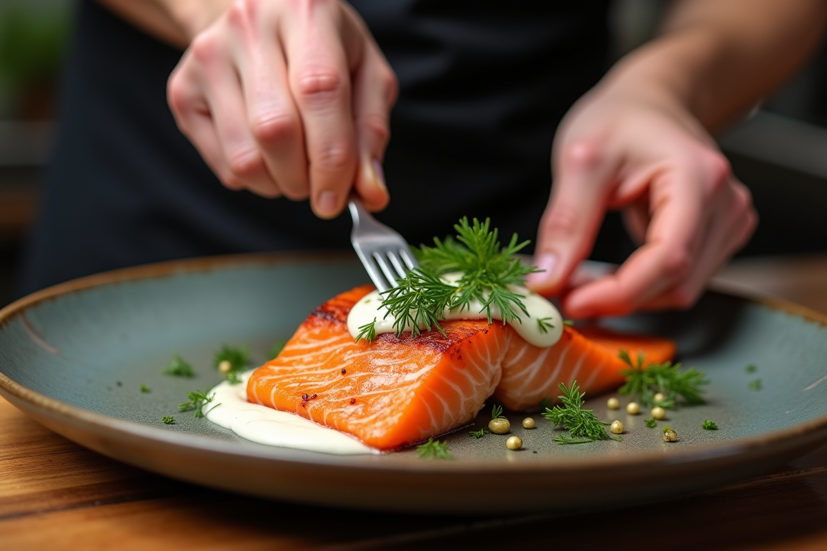 Chef garnissant un saumon avec sauce aux herbes
