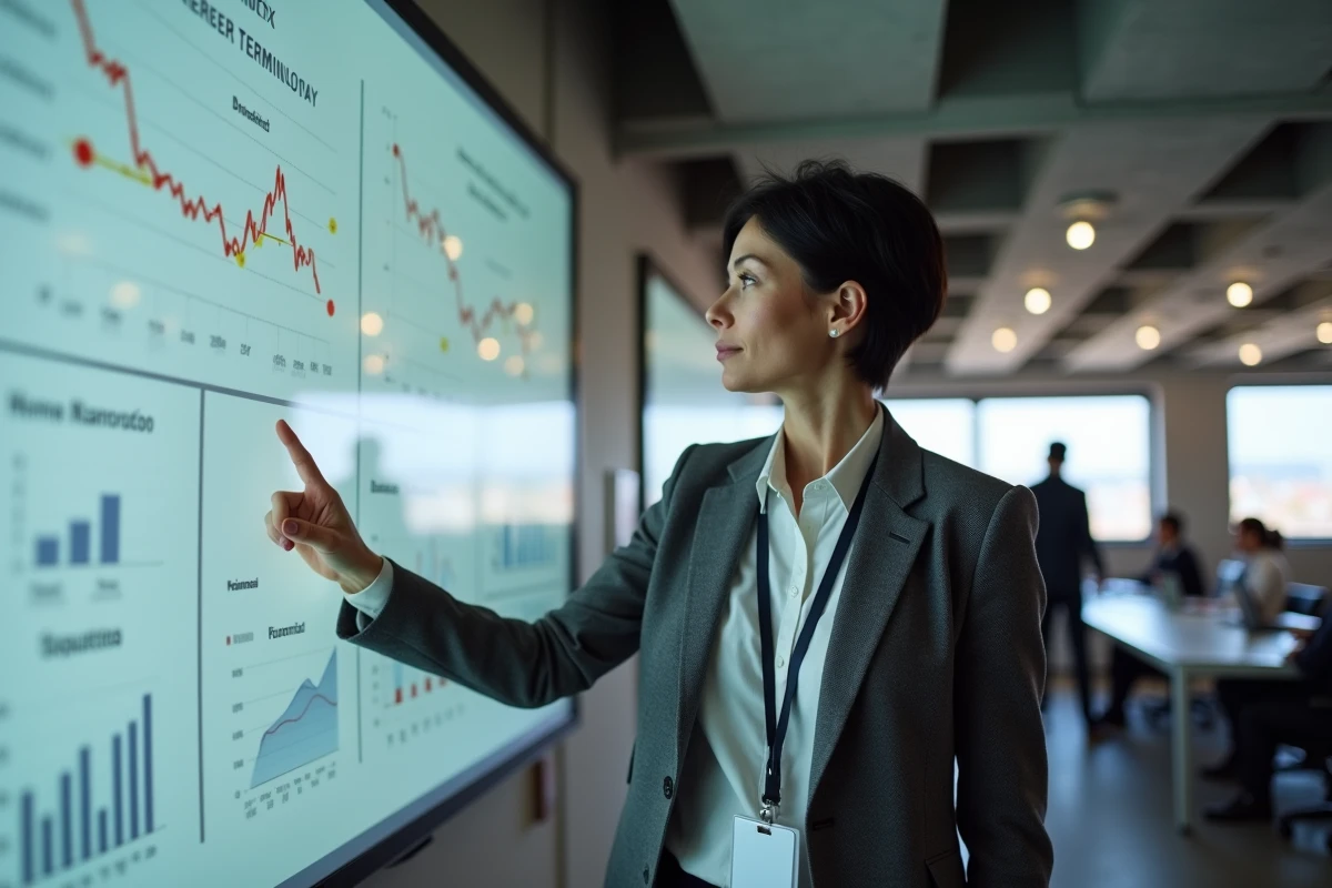 Femme cadre présentant des données financières sur une fusion-acquisition devant un tableau numérique en open space