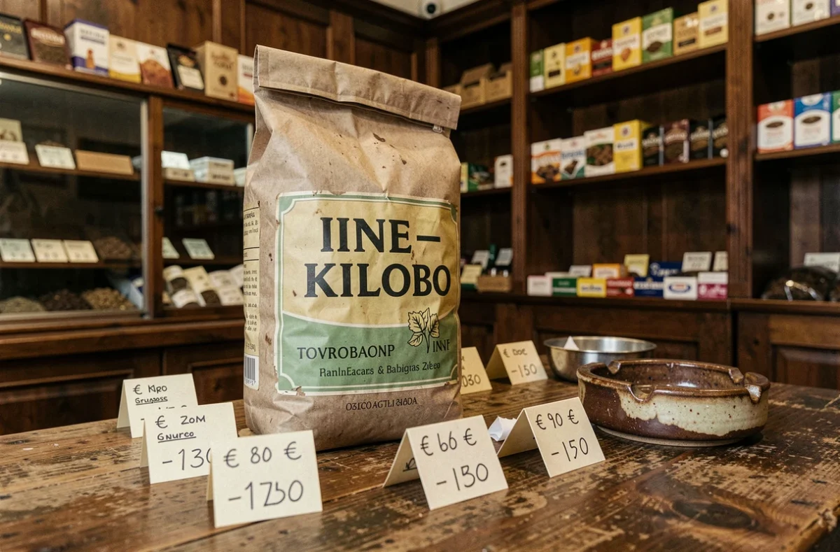 Seau de tabac 1kg posé sur une table en bois dans une boutique de tabac espagnole avec étiquette de prix en euros