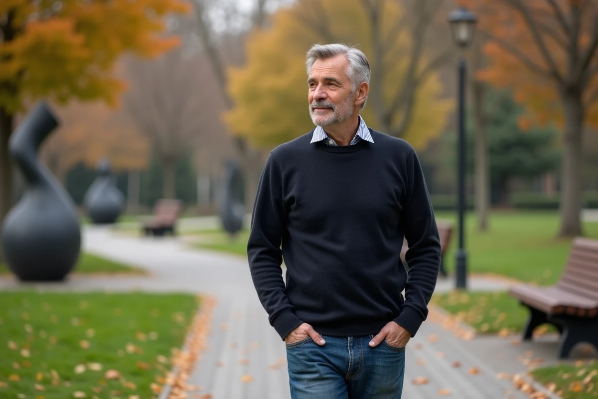 Homme élégant en promenade dans un parc urbain en automne