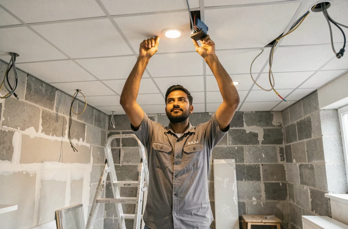 Électricien RAJU posant un spot LED encastré dans le faux-plafond d'un commerce en Seine-Saint-Denis