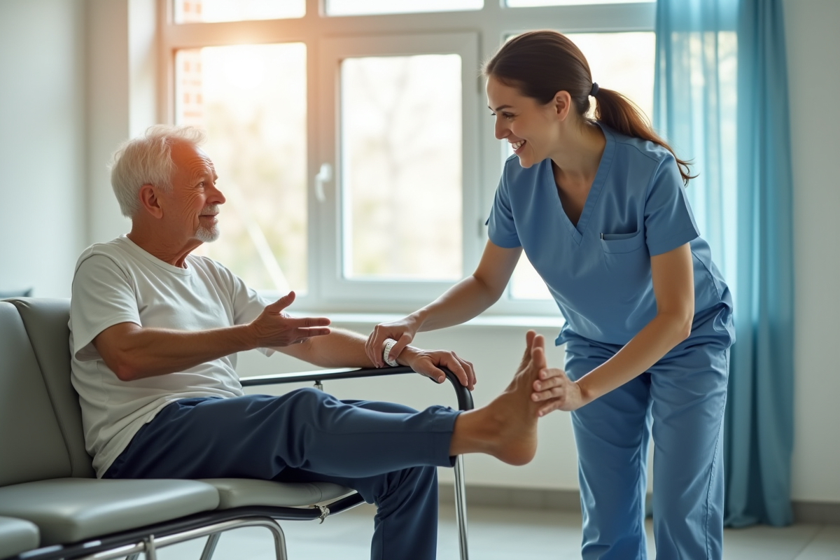 Jeune physiotherapeute aidant un patient age a faire des exercices