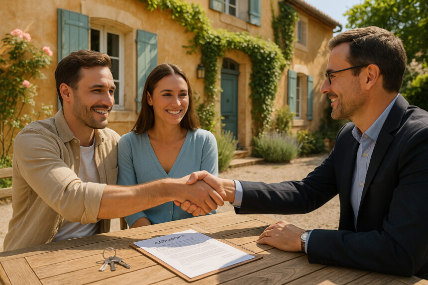 Couple serrant la main d'un agent immobilier devant une maison provençale
